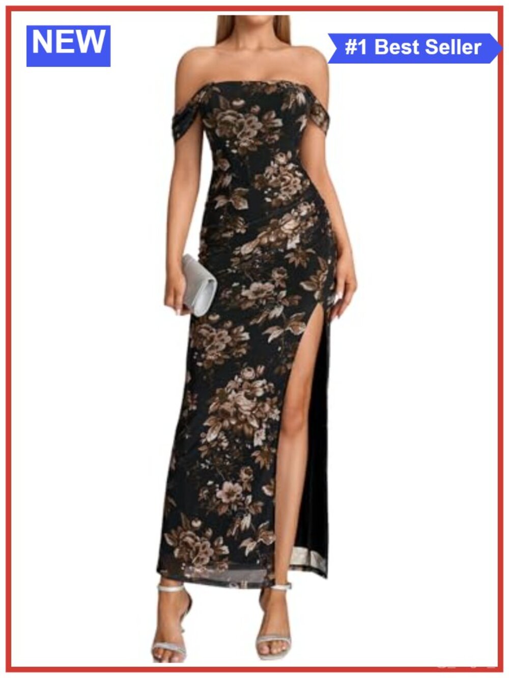 Off Shoulder Corset Maxi Dress Floral Ruched High Slit Formal Wedding Guest